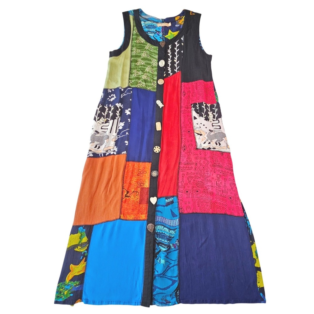 La Cera Vintage 90s Patchwork Maxi Dress Sleeveless Rayon Multicolor Medium Y2K